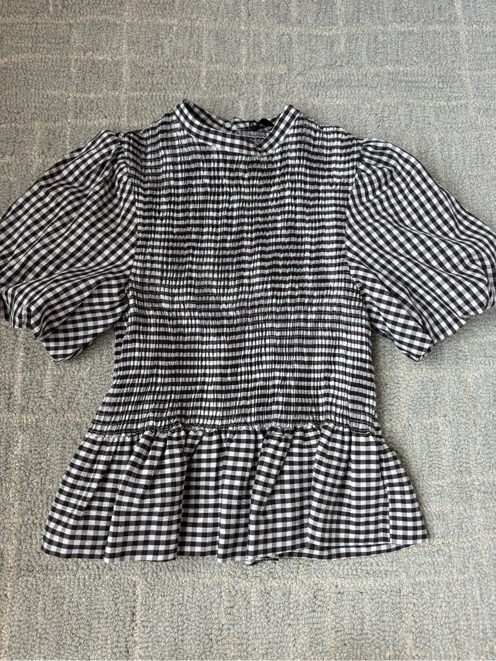 Zara Black and White Gingham Puff-Sleeve Peplum Blouse
